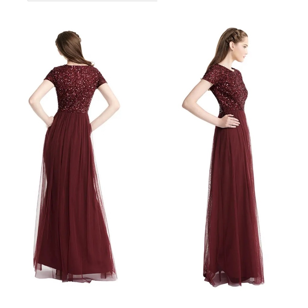 Adrianna Papell Sequin & Tulle Short Sleeve Maxi Gown Burgundy Wine Modest 6 - Picture 3 of 6